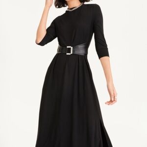 NWT DKNY Women's Long Sleeve Knit Midi Dress With Faux Leather Belt In Black